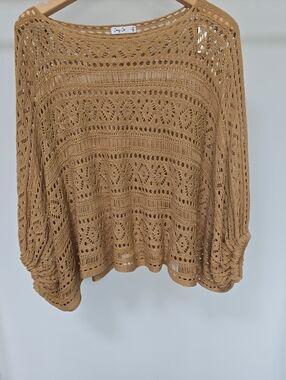 Cozy Casual Tan Open-Knit Scoop Neck Crochet Sweater